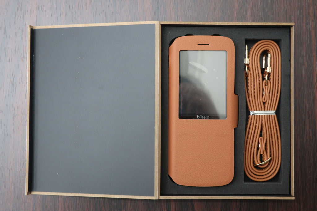 Bliss B1 leather flap case on the phone
