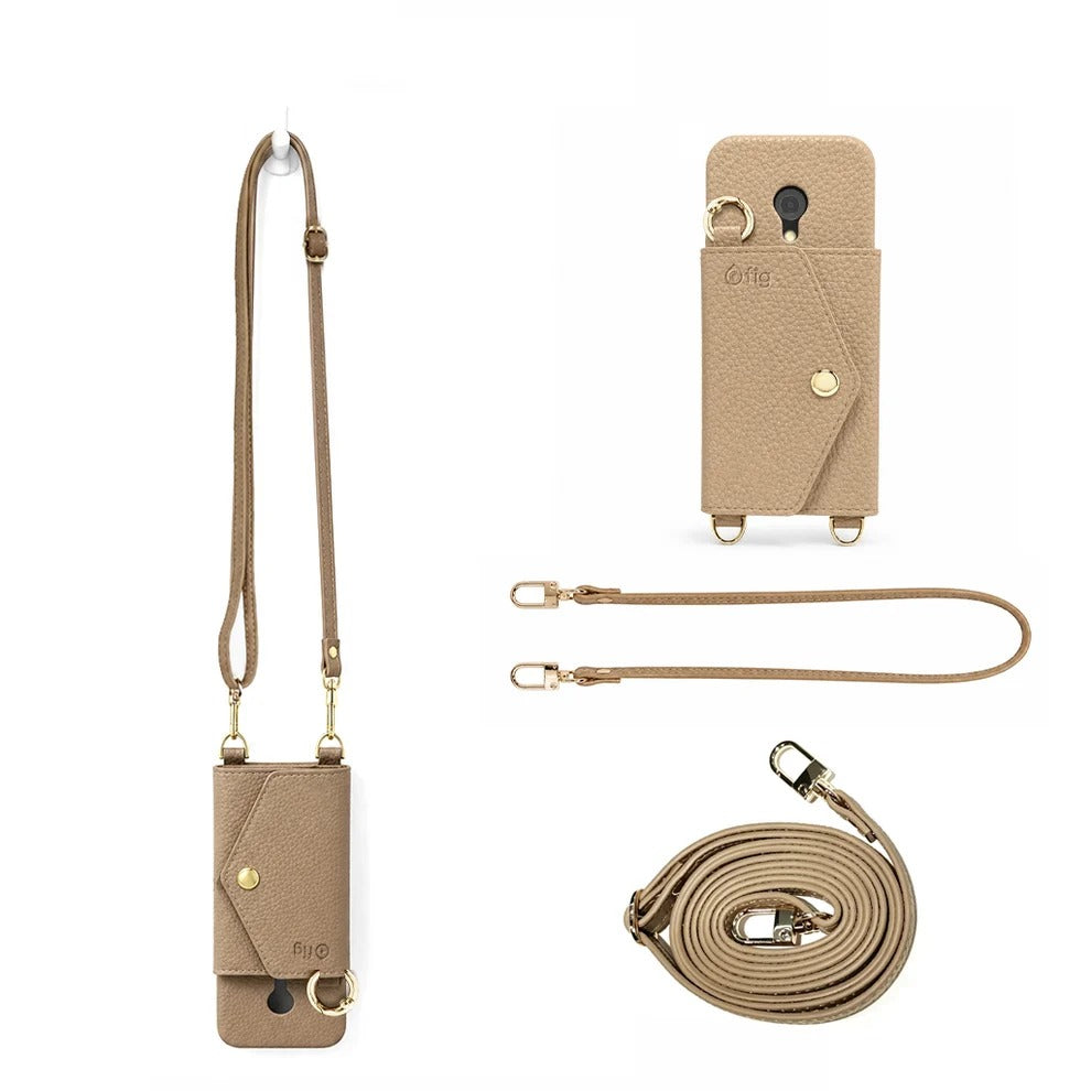Fig Bar wallet case in beige with crossbody and short straps