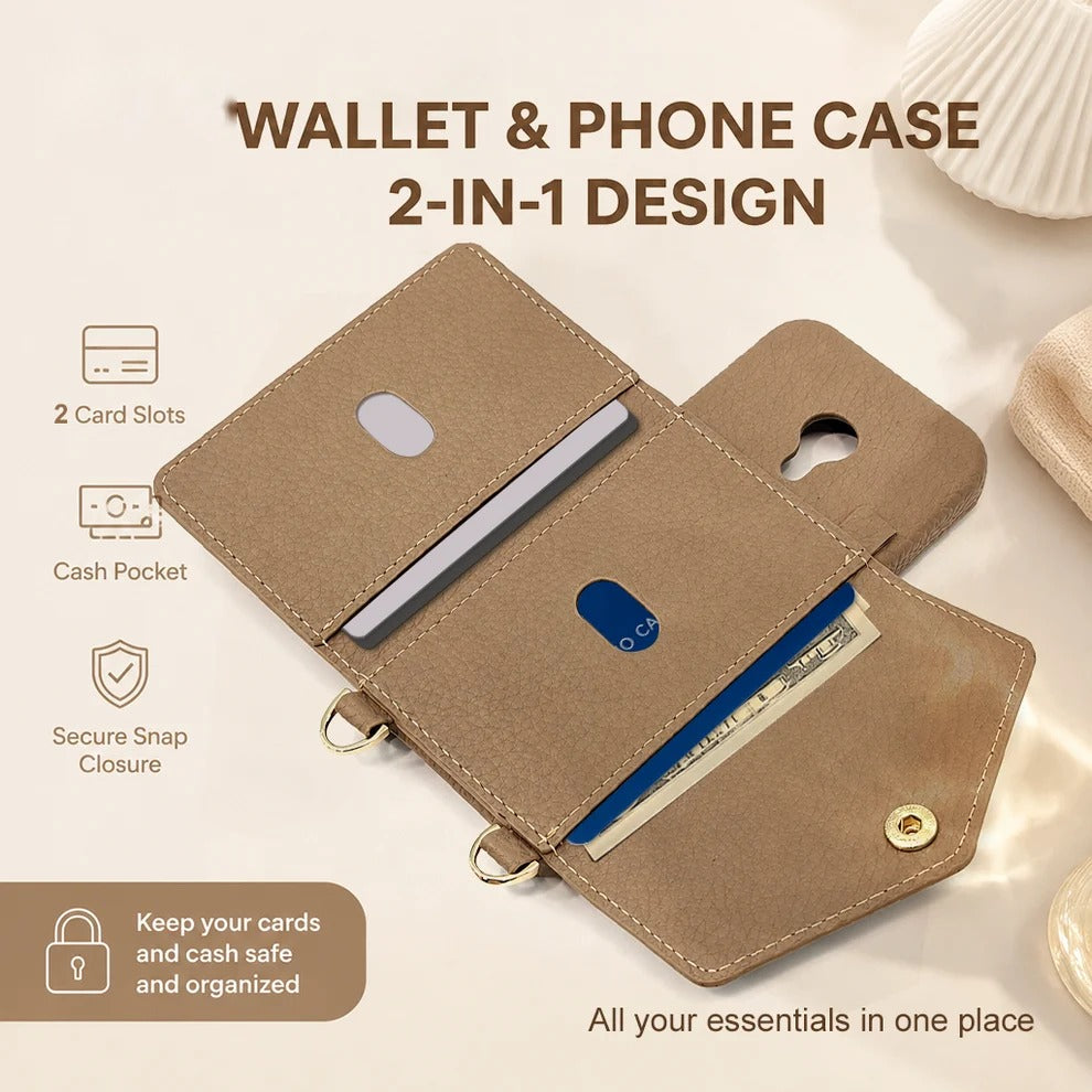 Fig Bar wallet case open, with 2 card slots and a cash pocket